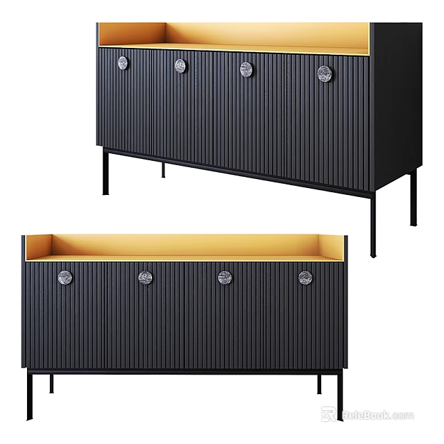 Modern Black Entryway Console Cabinet With Vertical Striped Design Round Handles And Slim Legs 3d model 