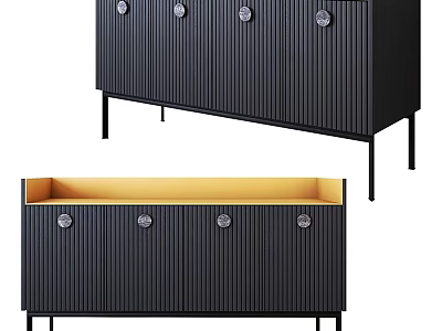 Modern Black Entryway Console Cabinet With Vertical Striped Design Round Handles And Slim Legs 3d model