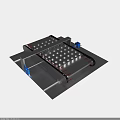 Industrial Mechanical Device With Metal Frame Hole Pattern Blue Components And Conveyor Track