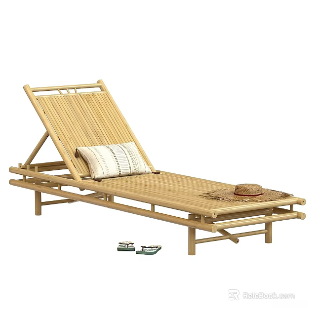 Bamboo Lounge Chair With Striped Cushion Straw Hat And Slippers 3d model 