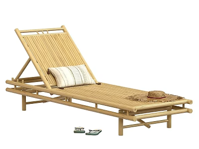Bamboo Lounge Chair With Striped Cushion Straw Hat And Slippers 3d model