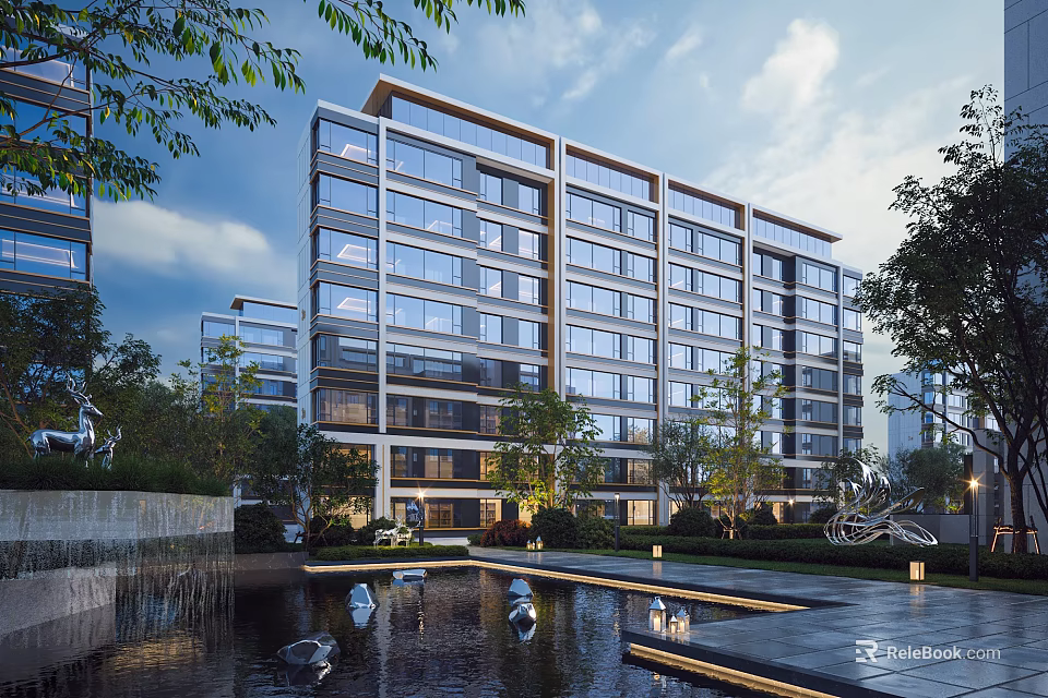Modern Residential Building with Glass Facade and Lush Greenery Courtyard Water Pond 3d model 