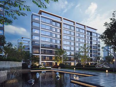 Modern Residential Building with Glass Facade and Lush Greenery Courtyard Water Pond 3d model