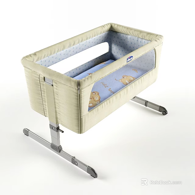 Comfortable Beige Baby Crib With Light Blue Mattress Bear Pattern And Metal Frame 3d model 