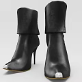 Black Leather Ankle Boots With Pointed Toe Stiletto Heel And Fold Over Cuff