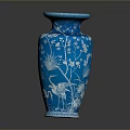 Exquisite Sculptural Carving On Blue Vase With Floral And Crane Motifs Design