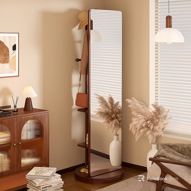 Full Length Mirror With Coat Rack And Pampas Grass In White Vases Near Window Blinds 3d model 