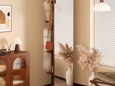 Full Length Mirror With Coat Rack And Pampas Grass In White Vases Near Window Blinds 3d model