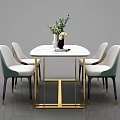Modern Dining Table Set With Marble Tabletop Golden Legs And Green White Chairs 3d model