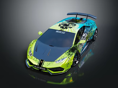 Vibrant Green And Blue Sports Car With Graphic Design Rear Spoiler And Sharp Front 3d model