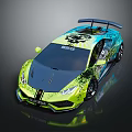 Vibrant Green And Blue Sports Car With Graphic Design Rear Spoiler And Sharp Front