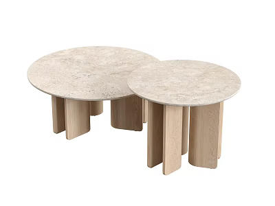 Minimalist Round Coffee Tables With Beige Marble Top And Wooden Legs Design 3d model