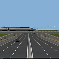 Urban Road Infrastructure With Bidirectional Lanes Overpass Green Belts Street Lamps And City Skyline
