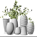 Various White Vases With Green Foliage For Home Interior Decor 3d model