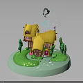 Fairy Tale Small House 3D Model With Yellow Roof Red Windows Green Trees And Grass