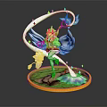Green Haired Winged Character And Small White Creature With Glowing Staff On Golden Circular Base