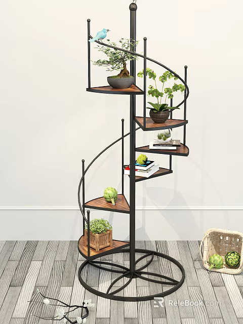 Spiral Wooden Shelf Rack With Metal Frame For Decorative Plants Books And Vegetables 3d model 