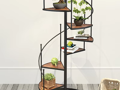 Spiral Wooden Shelf Rack With Metal Frame For Decorative Plants Books And Vegetables 3d model