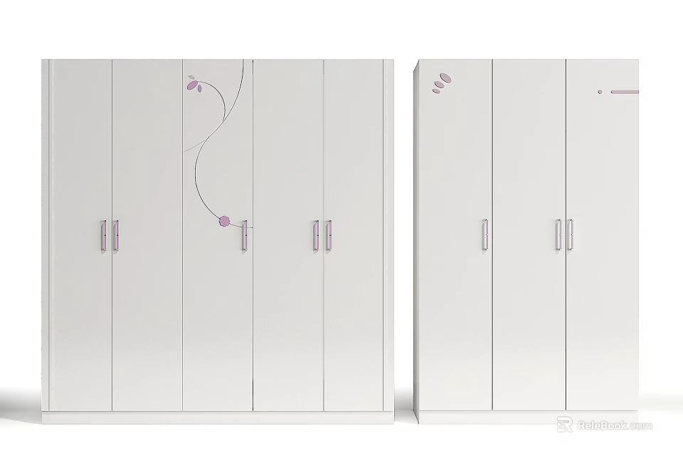 Modern White Wardrobe with Purple Handles and Minimalist Panel Design 3d model 