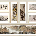 Traditional Chinese Landscape Paintings Framed in Wooden Frames with Mountain Water Cloud Scenery