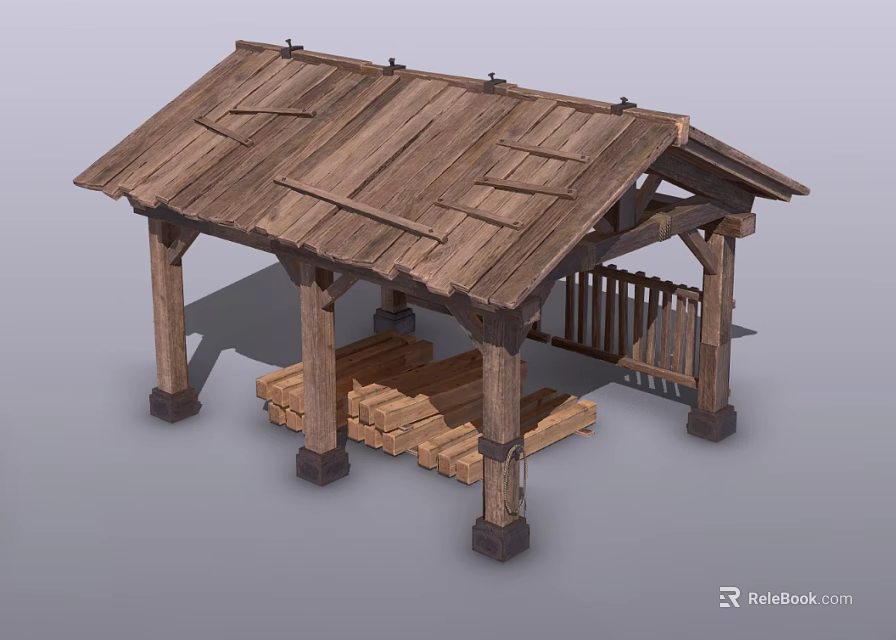 Rustic Wooden Pavilion With Sloped Wooden Roof And Supportive Pillars Stacked Logs 3d model 