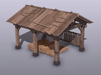 Rustic Wooden Pavilion With Sloped Wooden Roof And Supportive Pillars Stacked Logs 3d model