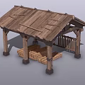 Rustic Wooden Pavilion With Sloped Wooden Roof And Supportive Pillars Stacked Logs