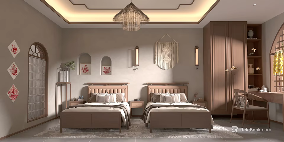 Traditional Style Hotel Guest Room Featuring Twin Beds Upholstered Headboards Wall Decor And Chandelier 3d model 