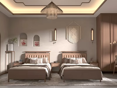 Traditional Style Hotel Guest Room Featuring Twin Beds Upholstered Headboards Wall Decor And Chandelier 3d model