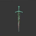 Medieval Sword With Red Blade And Ornate Hilt Isolated On Dark Background