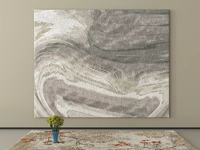 Square Rug Featuring Gray White Wavy Pattern With Small Blue Vase And Green Flowers 3d model