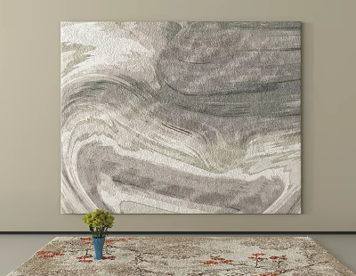 Square Rug Featuring Gray White Wavy Pattern With Small Blue Vase And Green Flowers 3d model