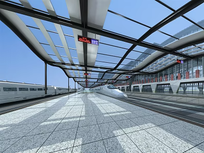 Modern Railway Station Platform With Glass Roof High Speed Trains And Blue Sky 3d model