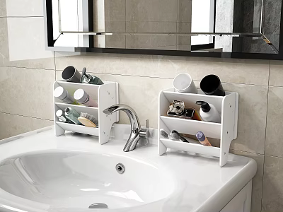 Bathroom Storage Racks On White Sinktop Holding Toiletries Cups And Bottles With Tiled Wall Mirror 3d model