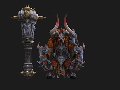 Fantasy Game Horned Muscular Warrior With Armored Body And Ornate Staff 3d model