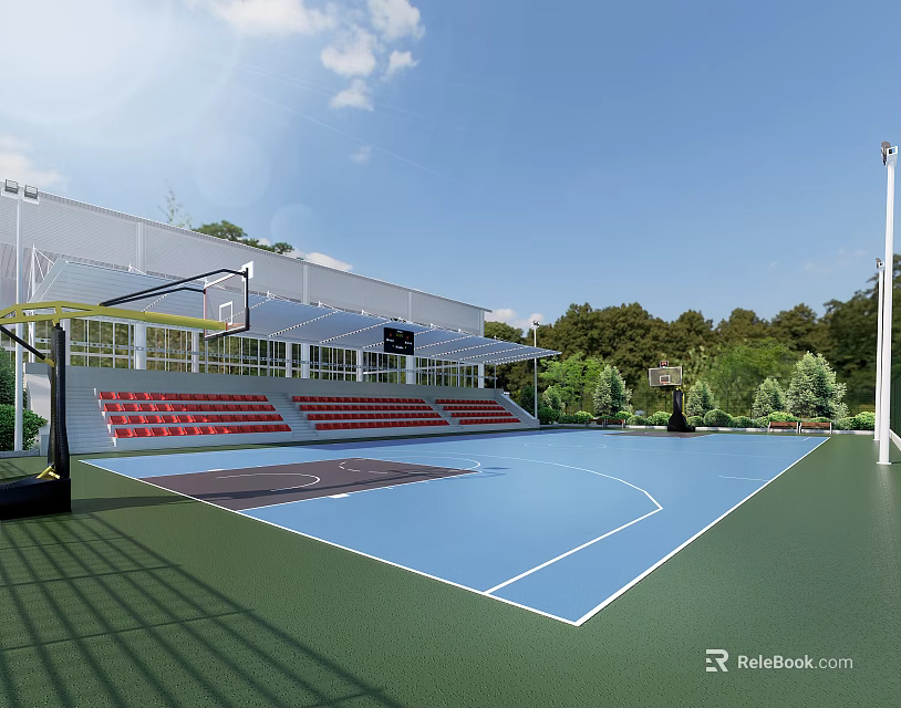 Outdoor Basketball Court Design With Blue Surface Red Seats And Green Surroundings 3d model 