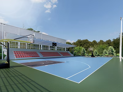Outdoor Basketball Court Design With Blue Surface Red Seats And Green Surroundings 3d model