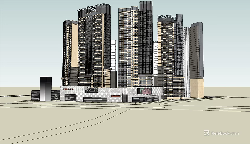Modern Commercial Complex With High Rise Towers Retail Spaces And Modern Glass Facades 3d model 