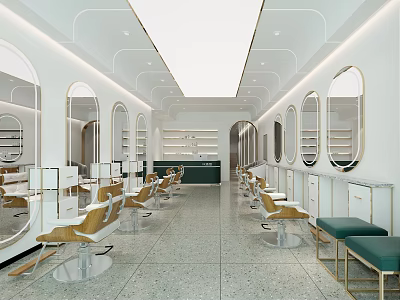Elegant Modern Beauty Hair Salon Interior With Mirrors Comfortable Chairs Green Counter And Gold Accents 3d model