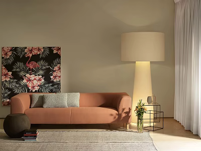 Orange Multi-seat Sofa With Gray Throw Pillows Floral Wall Art Floor Lamp And Side Table 3d model