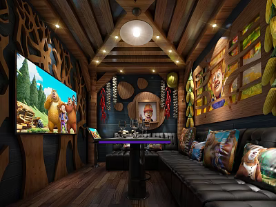 Private Room Featuring Large Screen TV Cartoon Characters Wooden Decor Comfortable Sofas and Warm Lighting 3d model