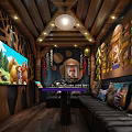 Private Room Featuring Large Screen TV Cartoon Characters Wooden Decor Comfortable Sofas and Warm Lighting