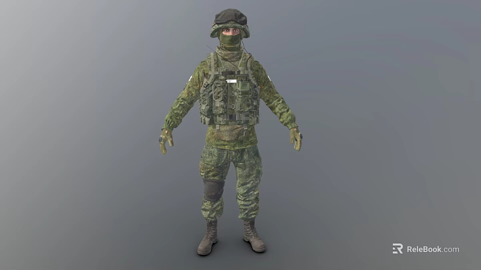 Man Wearing Camouflage Military Uniform With Helmet Face Mask And Tactical Vest 3d model 
