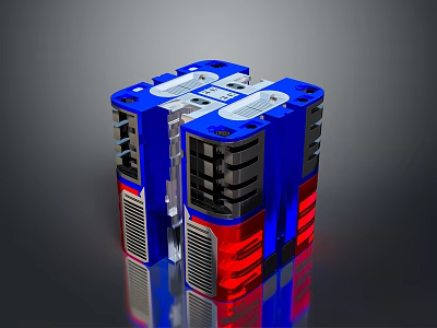 Character And Alien Creature With Blue Red Cubes Vent White Label On Black Reflective Surface 3d model
