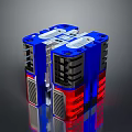 Character And Alien Creature With Blue Red Cubes Vent White Label On Black Reflective Surface