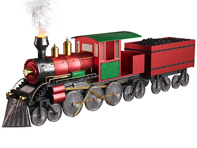Vintage Steam Train with Red Green Carriages Golden Accents Coal Cargo Wagon and Smoking Chimney 3d model