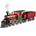 Vintage Steam Train with Red Green Carriages Golden Accents Coal Cargo Wagon and Smoking Chimney