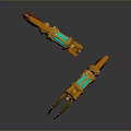 Futuristic Mechanical Claw Weapon with Golden Body Green Glowing Parts Red Details and Silver Spikes