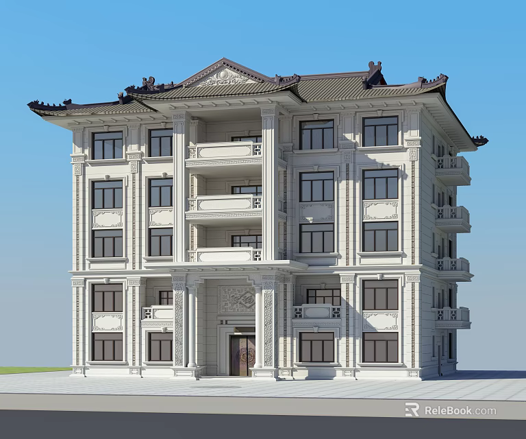 Chinese Style Detached Villa Multi Story White Exterior With Carved Details And Overhanging Eaves 3d model 