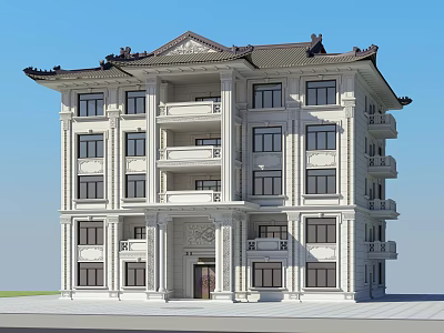 Chinese Style Detached Villa Multi Story White Exterior With Carved Details And Overhanging Eaves 3d model